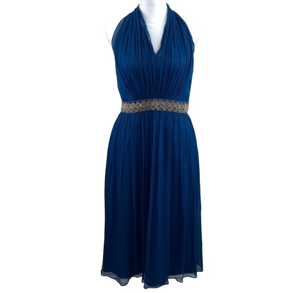 Maggy London Teal‎ Crepey 100% Silk Halter Midi Dress with Beaded Waist Sz 10 - Picture 1 of 8